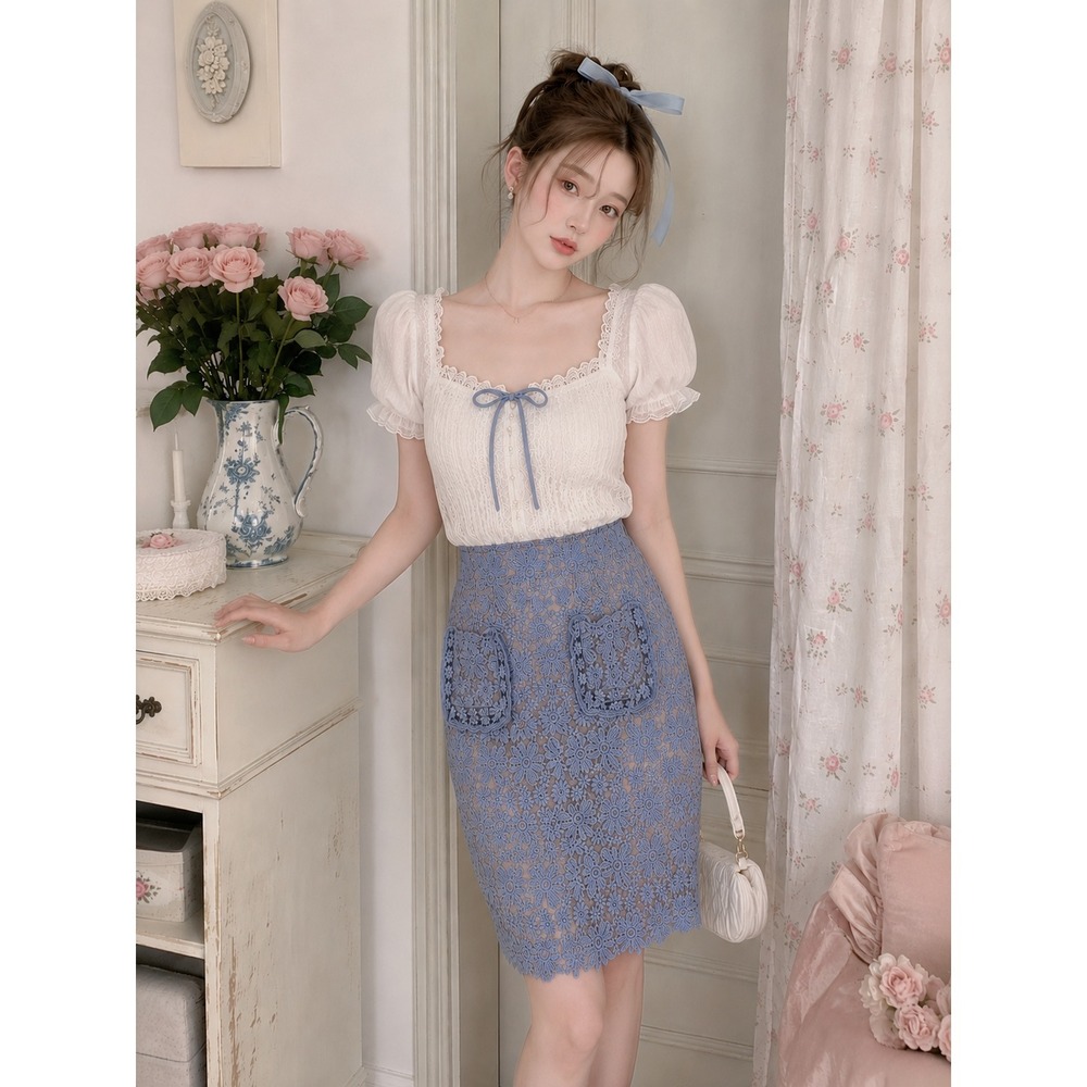 English‎ Factory Blue Lace Flower Pencil Skirt Coquette Twee M Fem Girly Pastel